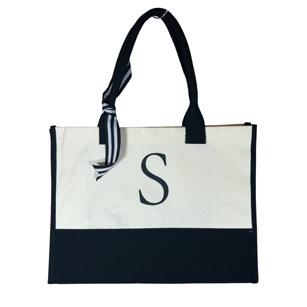 Monogram S Canvas Tote Bag Black Cream Striped Ribbon Large Shopping Bag NWOT